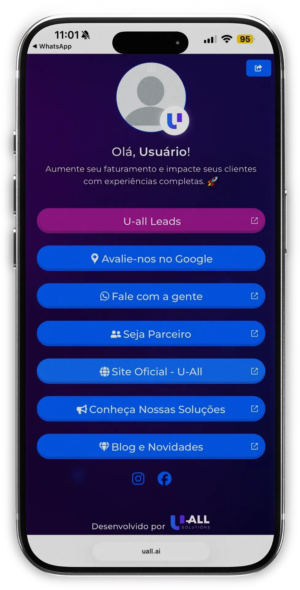 U-all Link - Interface mobile mostrando página personalizada com botões de ação, perfil do usuário e links inteligentes